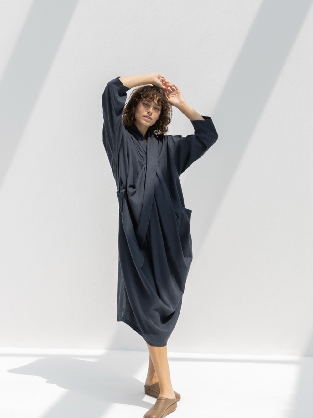 Black Crane Crossed Midi Dress in Dark Navy EUC